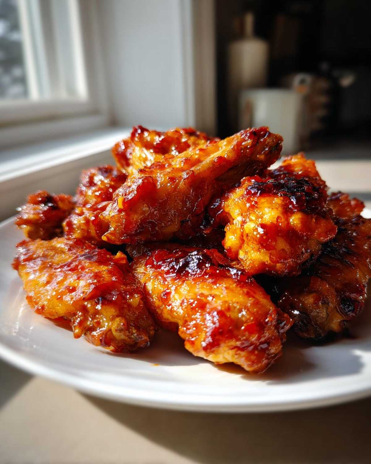 Close-up of glistening, glazed Sticky Sweet Chili Chicken Wings Oven Baked piled on a white plate.