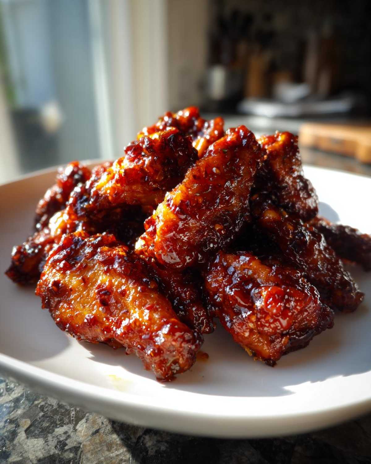 A pile of glistening, glazed Sticky Sweet Chili Chicken Wings Oven Baked served on a white plate.