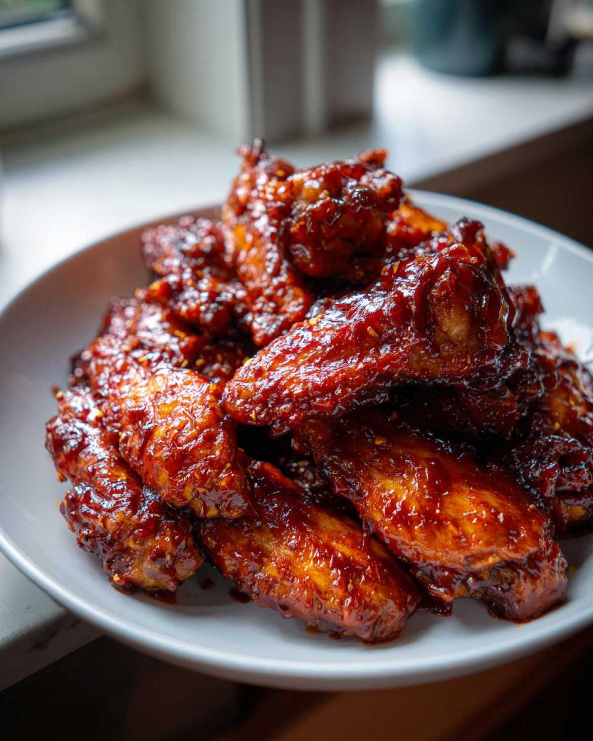 A close-up of a white bowl piled high with glossy, sticky sweet chili chicken wings oven baked.