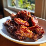 Close-up of glistening Sticky Sweet Chili Chicken Wings Oven Baked piled high on a white plate.