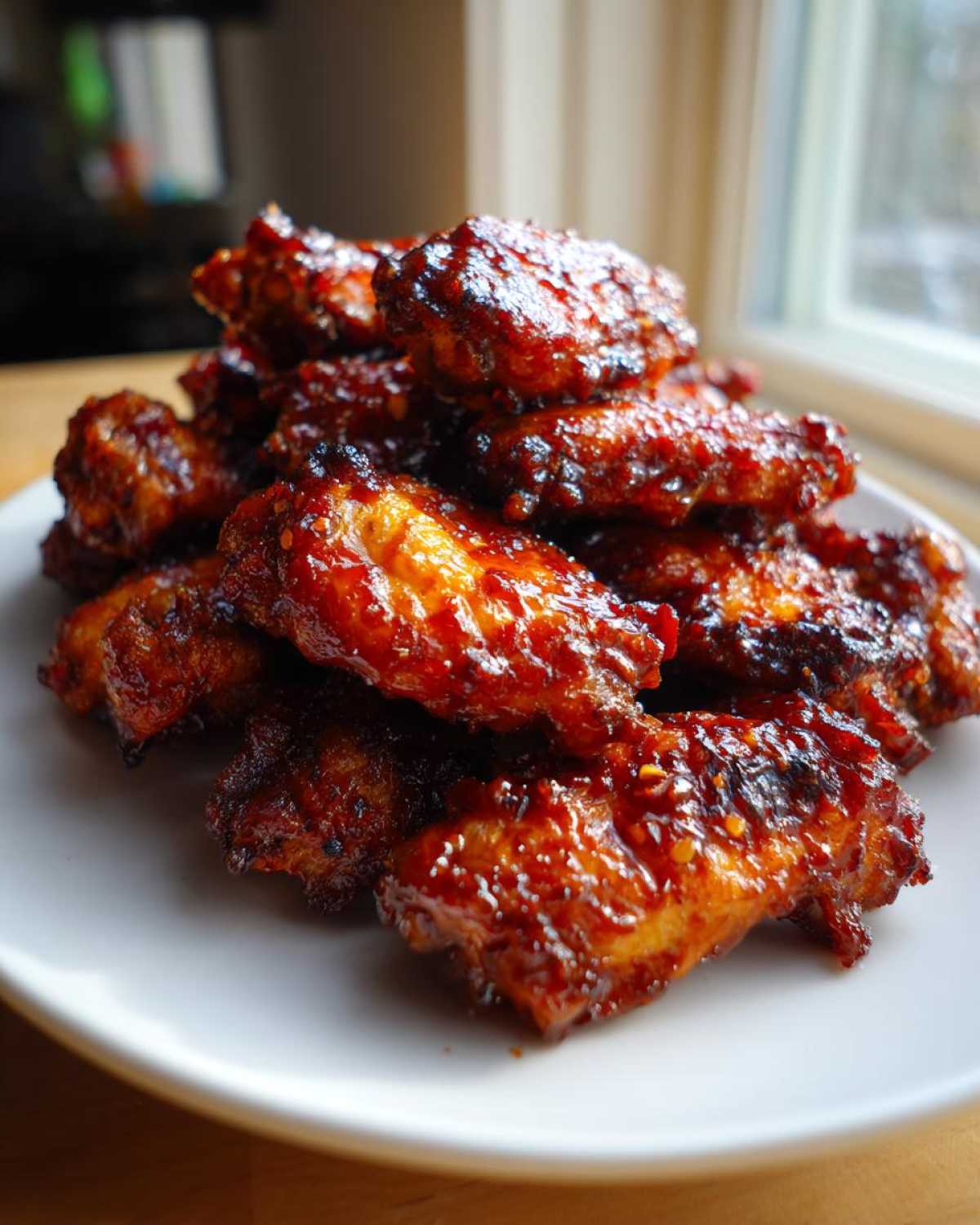 A close-up stack of glistening Sticky Sweet Chili Chicken Wings Oven Baked piled high on a white plate.
