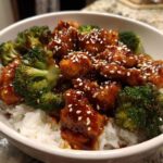 Close-up of a Sticky Teriyaki Chicken Bowl featuring glazed chicken pieces, bright green broccoli florets, and white rice, topped with sesame seeds.