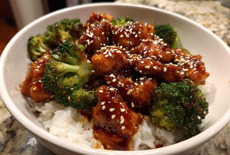 Close-up of a Sticky Teriyaki Chicken Bowl featuring glazed chicken pieces, bright green broccoli florets, and white rice, topped with sesame seeds.