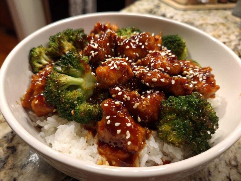 Close-up of a Sticky Teriyaki Chicken Bowl featuring glazed chicken pieces, bright green broccoli florets, and white rice, topped with sesame seeds.