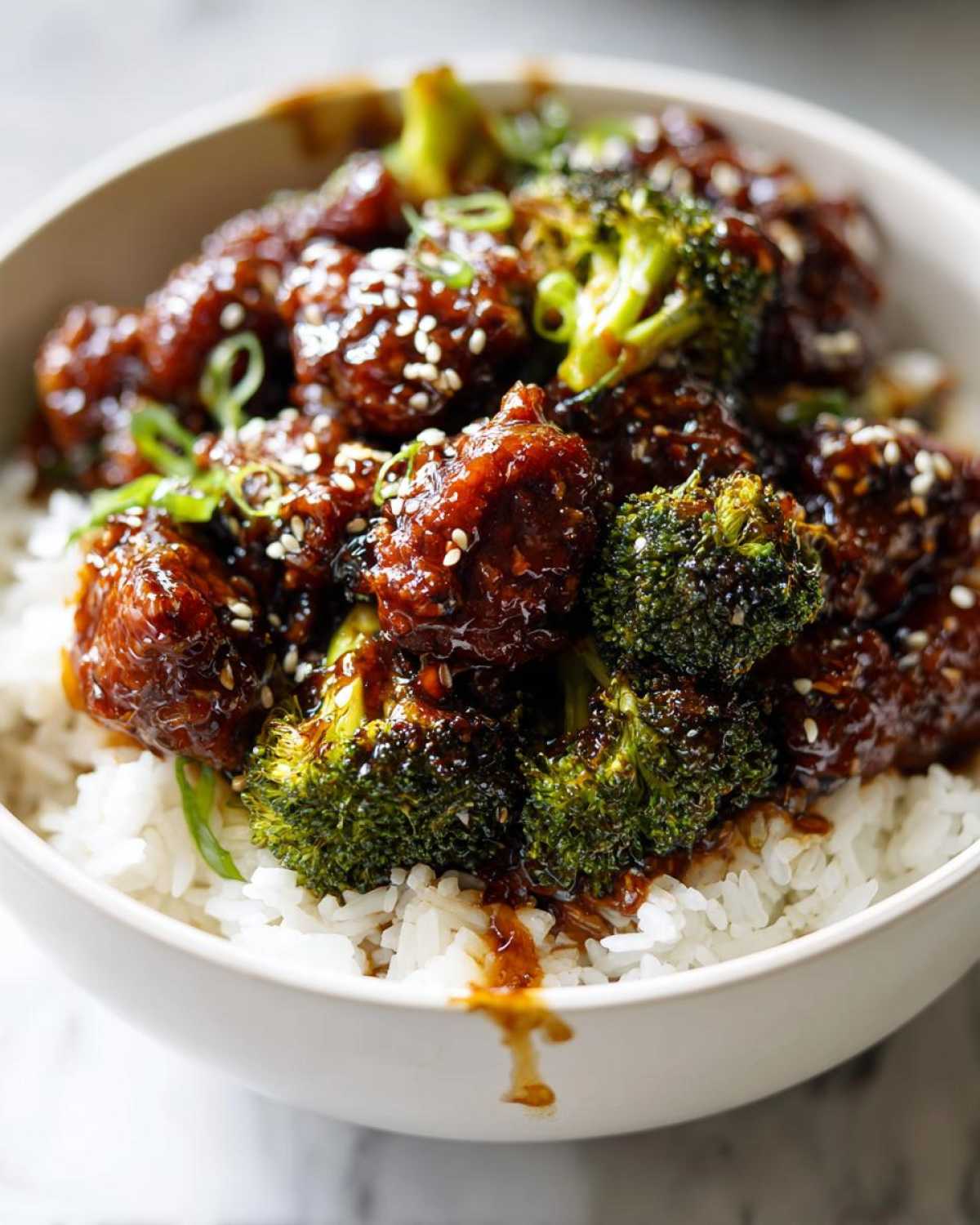 A close-up of a Sticky Teriyaki Chicken Bowl featuring glossy chicken pieces, bright green broccoli florets, and white rice, topped with sesame seeds.