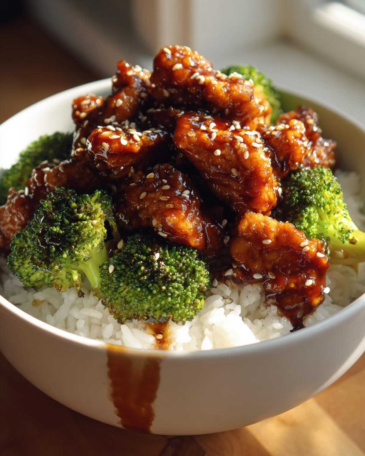 A close-up of a white bowl filled with white rice, topped with sticky teriyaki chicken and bright green broccoli florets, sprinkled with sesame seeds.