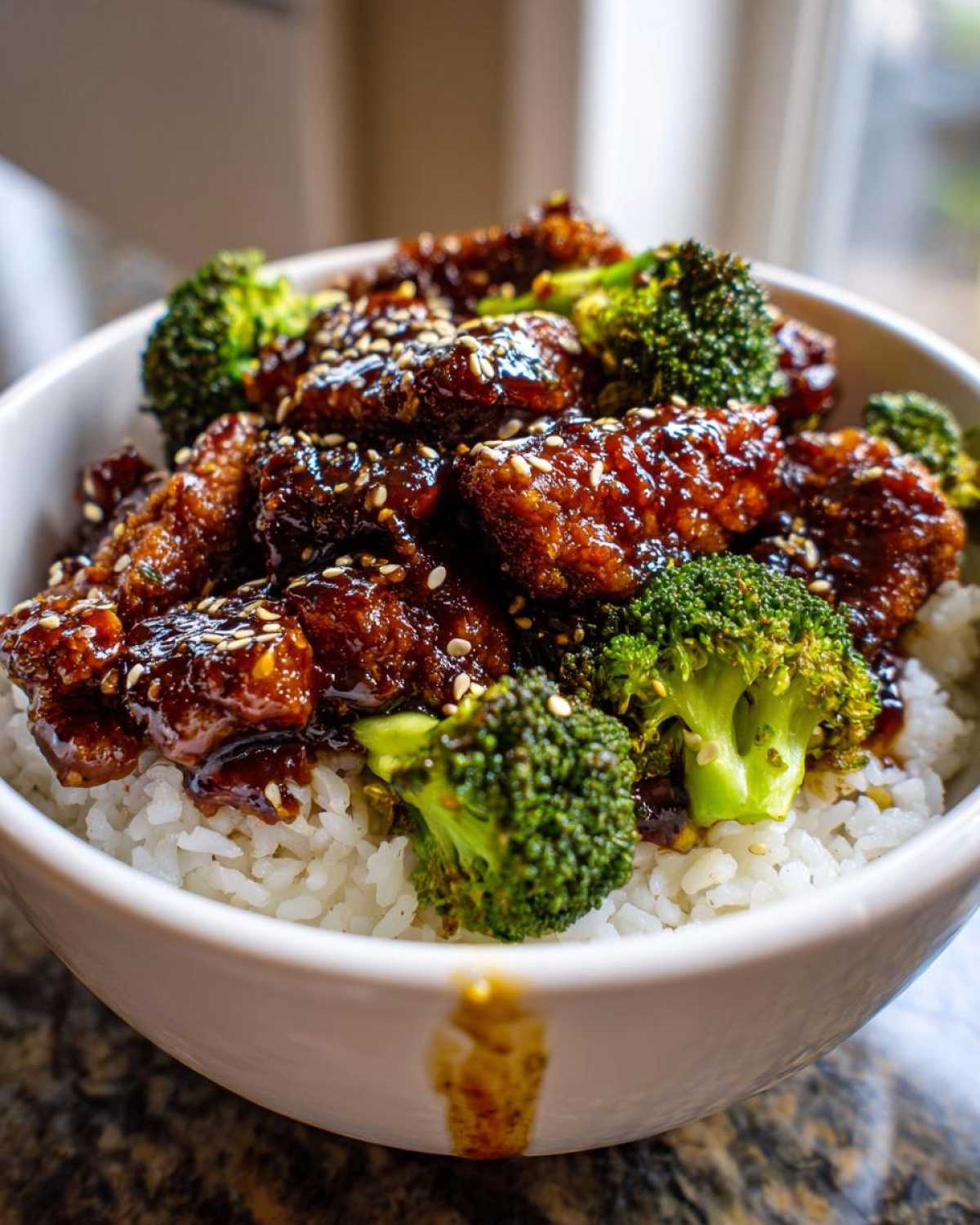 A close-up of a white bowl filled with white rice, topped with glazed Sticky Teriyaki Chicken and bright green broccoli florets, sprinkled with sesame seeds.