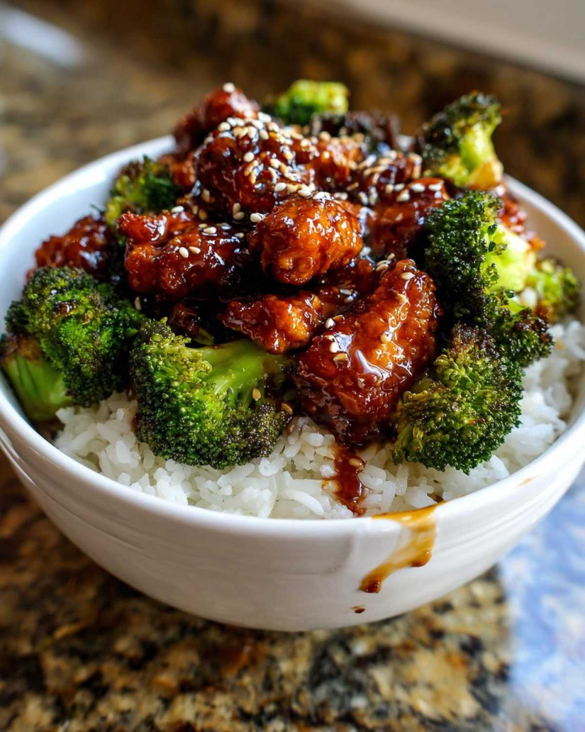 A close-up of a white bowl filled with white rice, topped with saucy Sticky Teriyaki Chicken and bright green broccoli florets, sprinkled with sesame seeds.