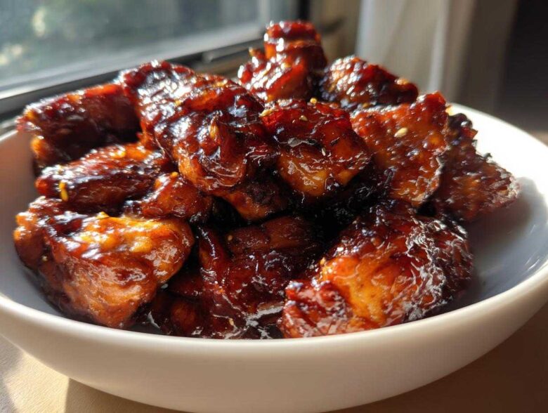 Close-up of glossy, dark brown Sticky Teriyaki Chicken Easy Weeknight Meal pieces piled high in a white bowl.