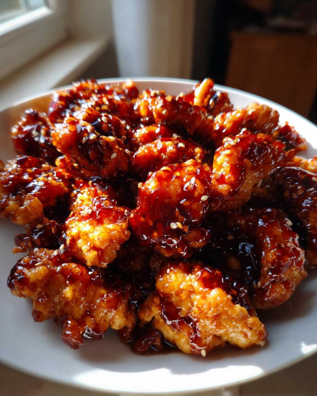 A close-up of crispy chicken pieces coated in a thick, glossy sauce, ready to serve as a Sticky Teriyaki Chicken Easy Weeknight Meal.