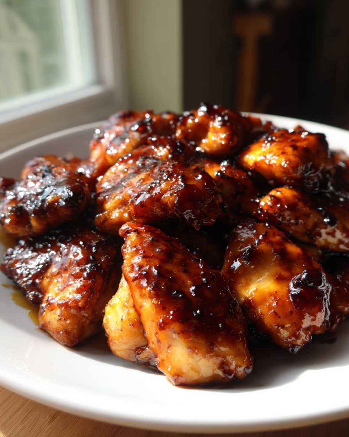 Close-up of juicy chicken pieces coated in a thick, glossy glaze for Sticky Teriyaki Chicken Easy Weeknight Meal.