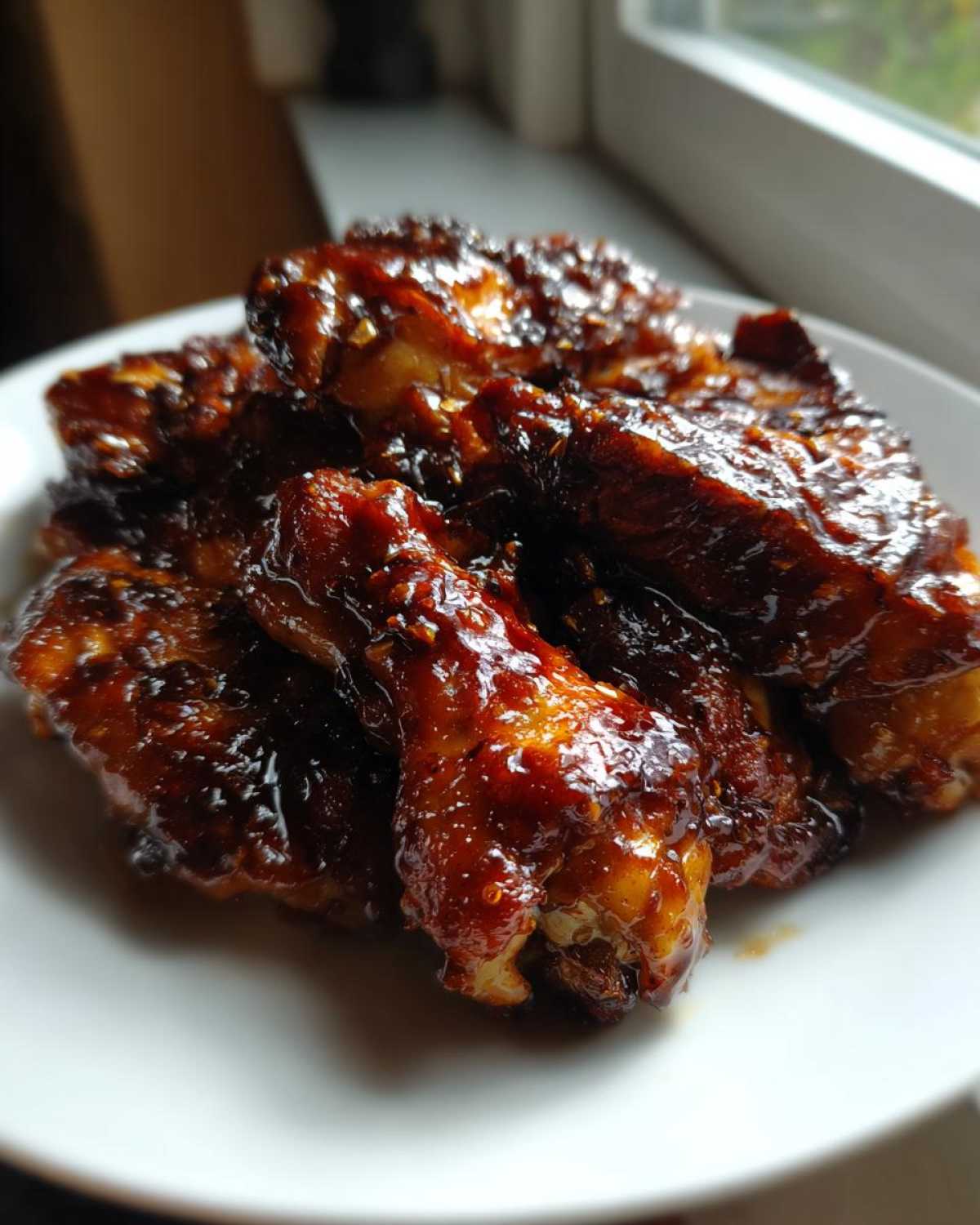 A pile of glistening, dark brown Sticky Teriyaki Chicken pieces coated in a thick, shiny sauce.