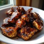 Close-up of bite-sized pieces of Sticky Teriyaki Chicken Easy Weeknight Meal coated in a thick, glossy sauce.