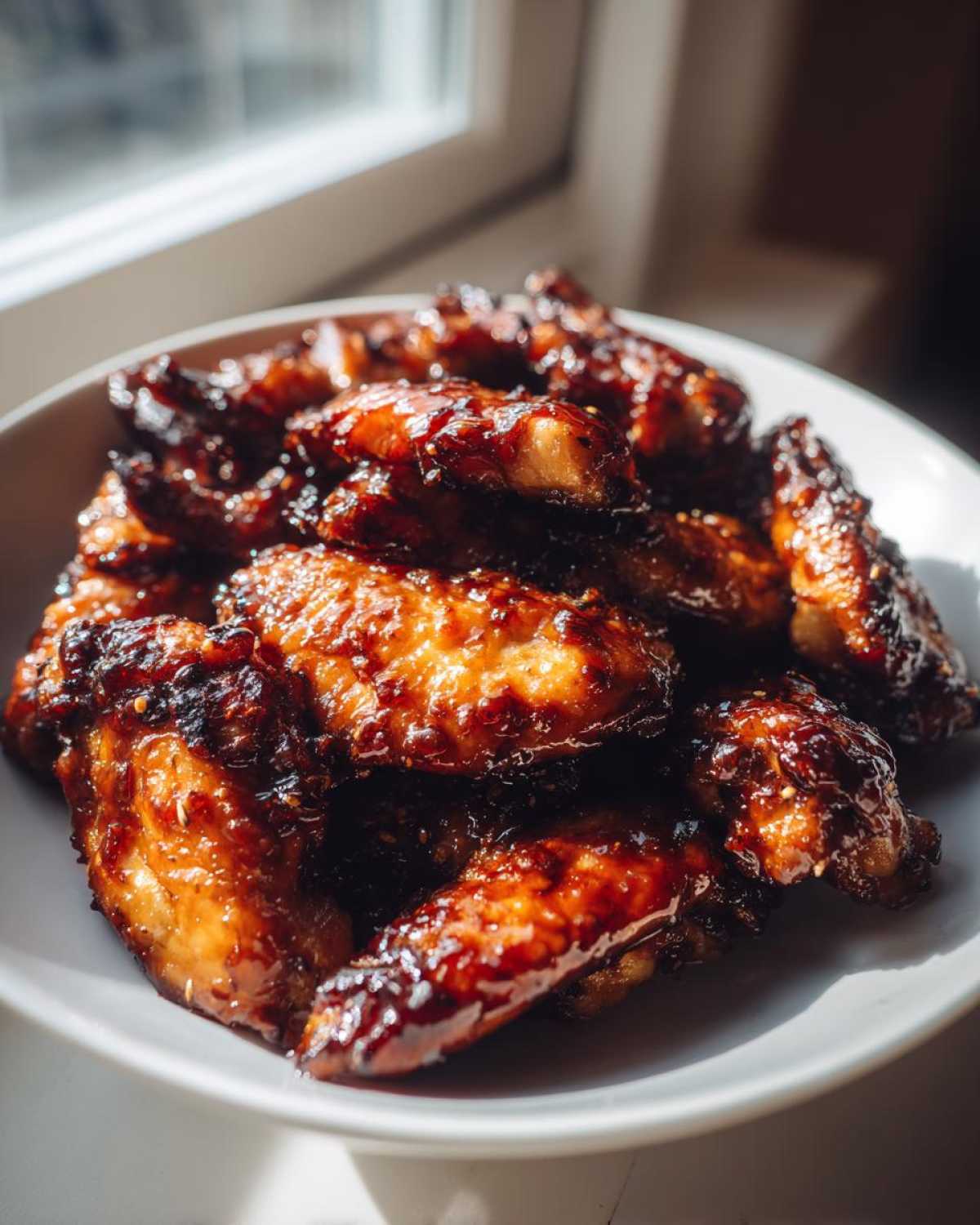 Close-up of glistening, glazed Sticky Teriyaki Chicken wings piled high in a white bowl near a window.