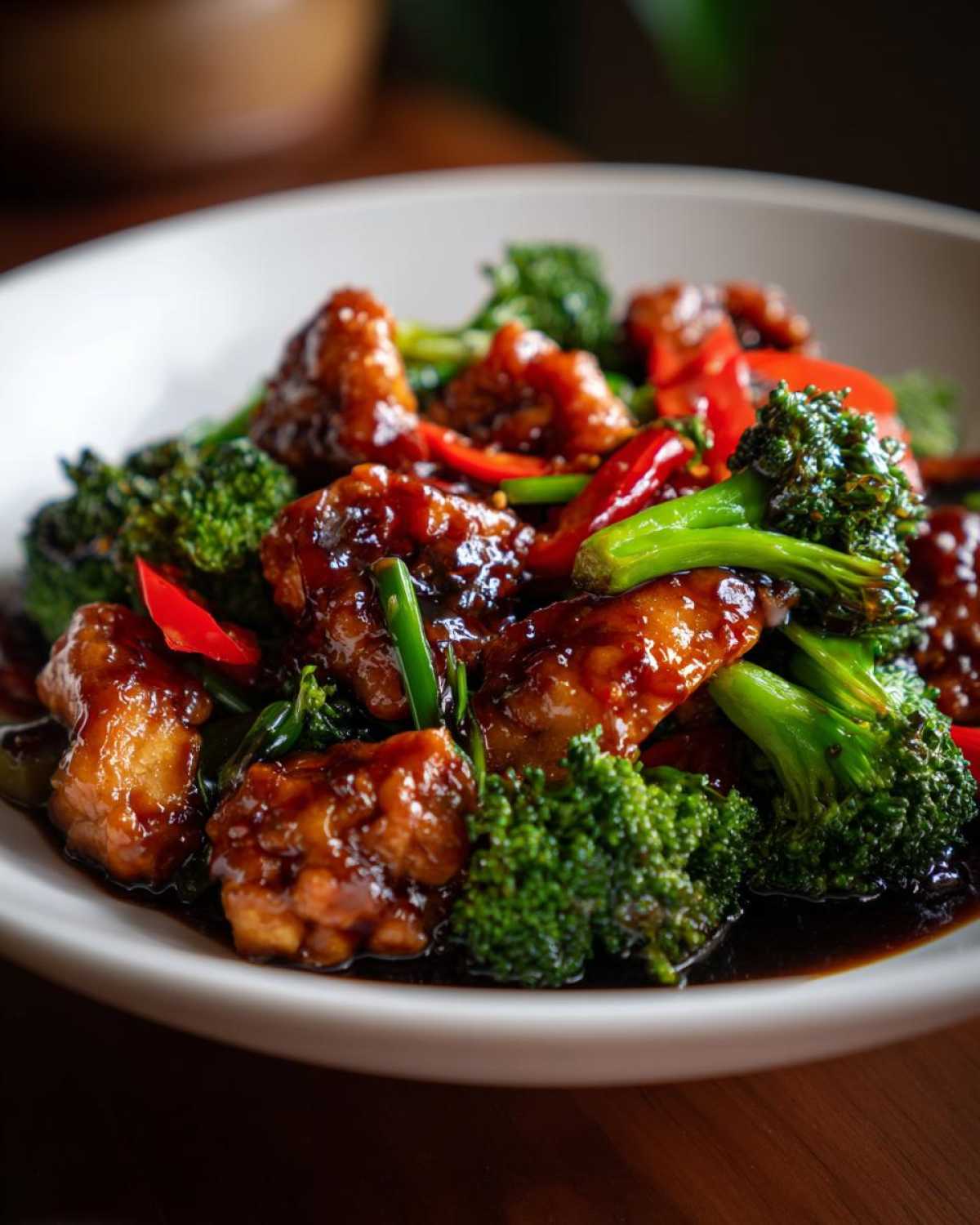A close-up of glossy, saucy chicken pieces mixed with bright green broccoli florets in a Sticky Teriyaki Chicken Stir Fry Quick Meal.