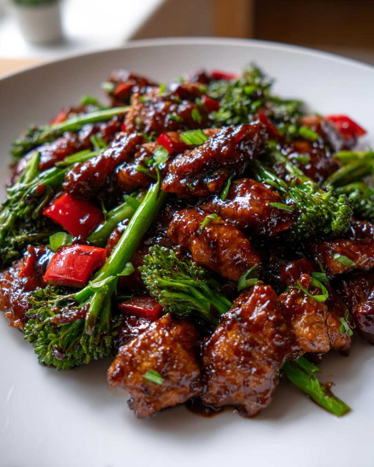 Close-up of glossy, saucy chicken pieces mixed with bright green broccolini and red peppers in a Sticky Teriyaki Chicken Stir Fry Quick Meal.