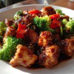Close-up of Sticky Teriyaki Chicken Stir Fry Quick Meal featuring glazed chicken pieces, bright green broccoli, and red peppers.