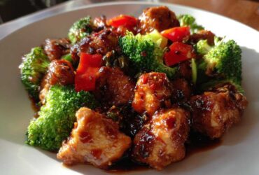 Close-up of Sticky Teriyaki Chicken Stir Fry Quick Meal featuring glazed chicken pieces, bright green broccoli, and red peppers.