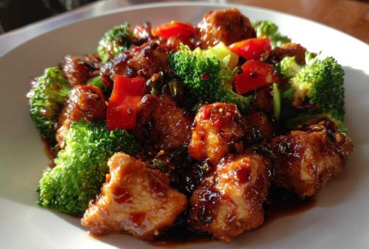 Close-up of Sticky Teriyaki Chicken Stir Fry Quick Meal featuring glazed chicken pieces, bright green broccoli, and red peppers.