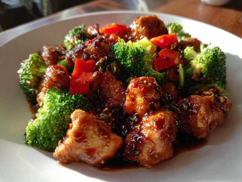Close-up of Sticky Teriyaki Chicken Stir Fry Quick Meal featuring glazed chicken pieces, bright green broccoli, and red peppers.