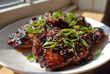 Three glistening Sticky Teriyaki Chicken Thighs topped with sesame seeds and sliced green onions.