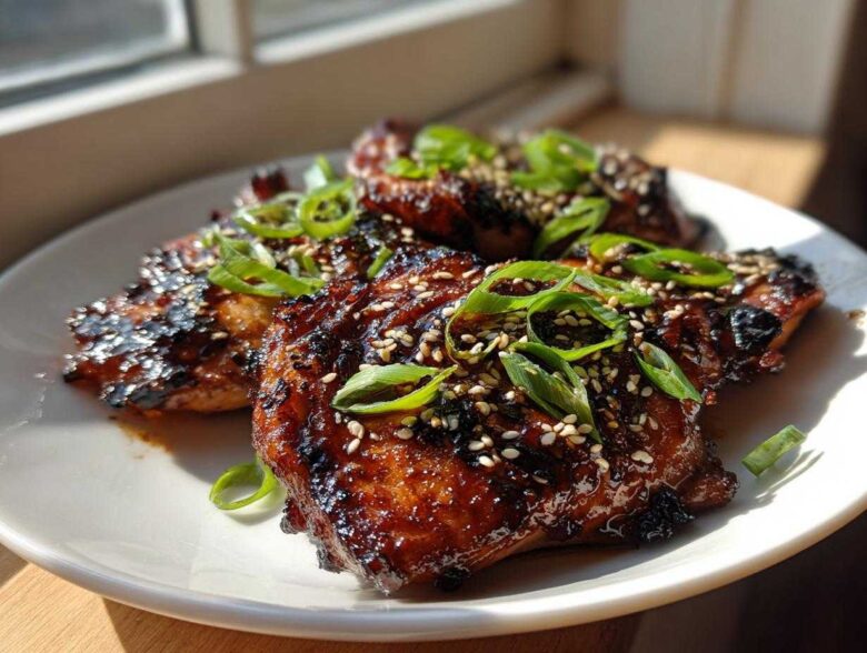 Three glistening Sticky Teriyaki Chicken Thighs topped with sesame seeds and sliced green onions.