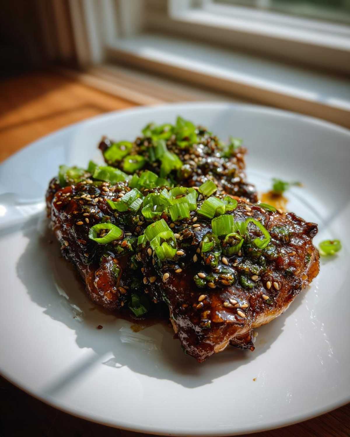 Two pieces of Sticky Teriyaki Chicken Thighs generously coated in a dark glaze and topped with sesame seeds and chopped green onions.