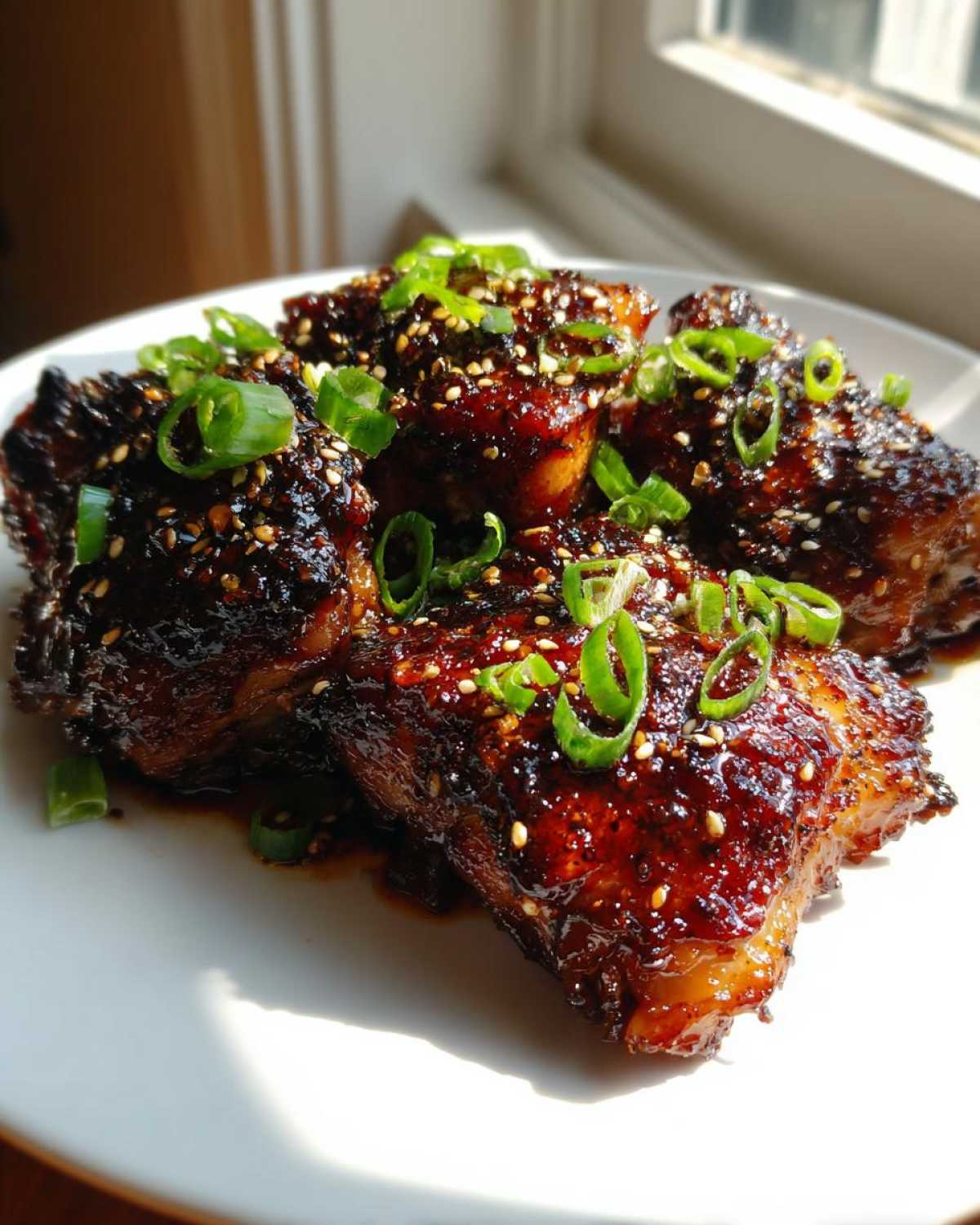 Four pieces of Sticky Teriyaki Chicken Thighs with Garlic, glazed dark brown and topped with sesame seeds and green onions.