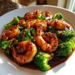 Close-up of Sticky Teriyaki Shrimp Stir Fry Quick Meal featuring glossy, glazed shrimp and bright green broccoli florets.