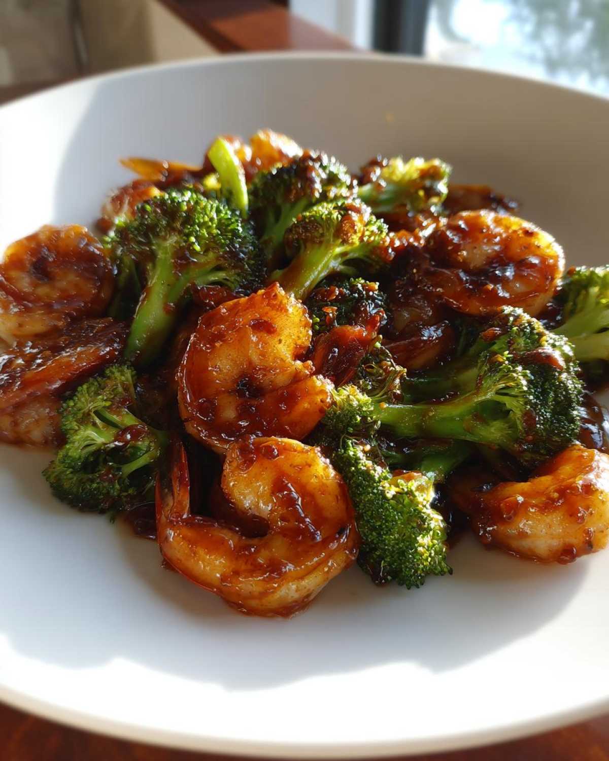 Close-up of Sticky Teriyaki Shrimp Stir Fry Quick Meal featuring glossy shrimp and bright green broccoli florets.