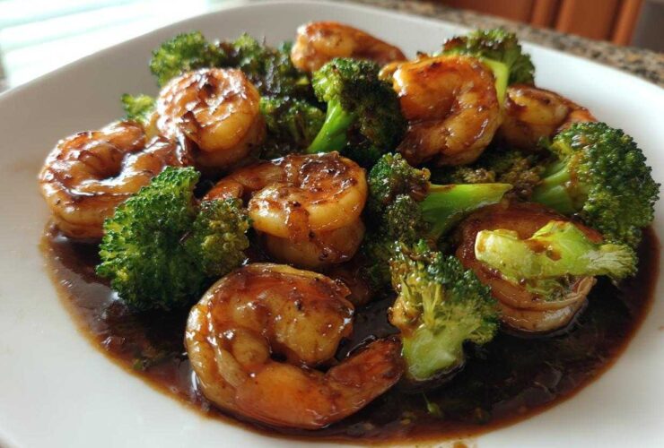 Close-up of succulent shrimp coated in a dark, sticky teriyaki sauce with bright green broccoli florets.