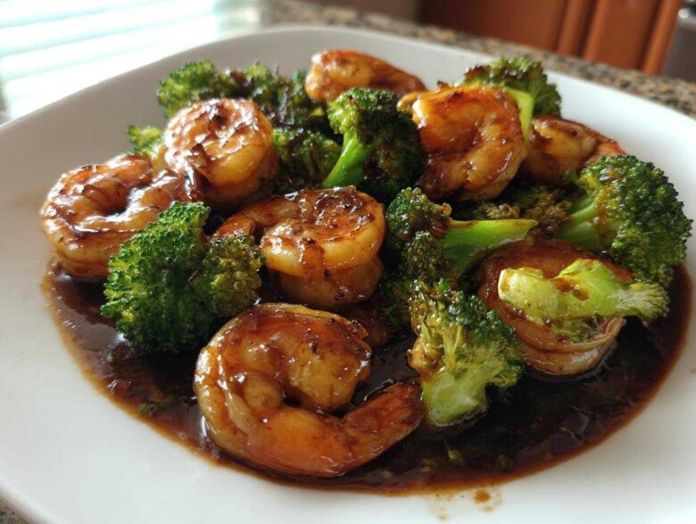 Close-up of succulent shrimp coated in a dark, sticky teriyaki sauce with bright green broccoli florets.