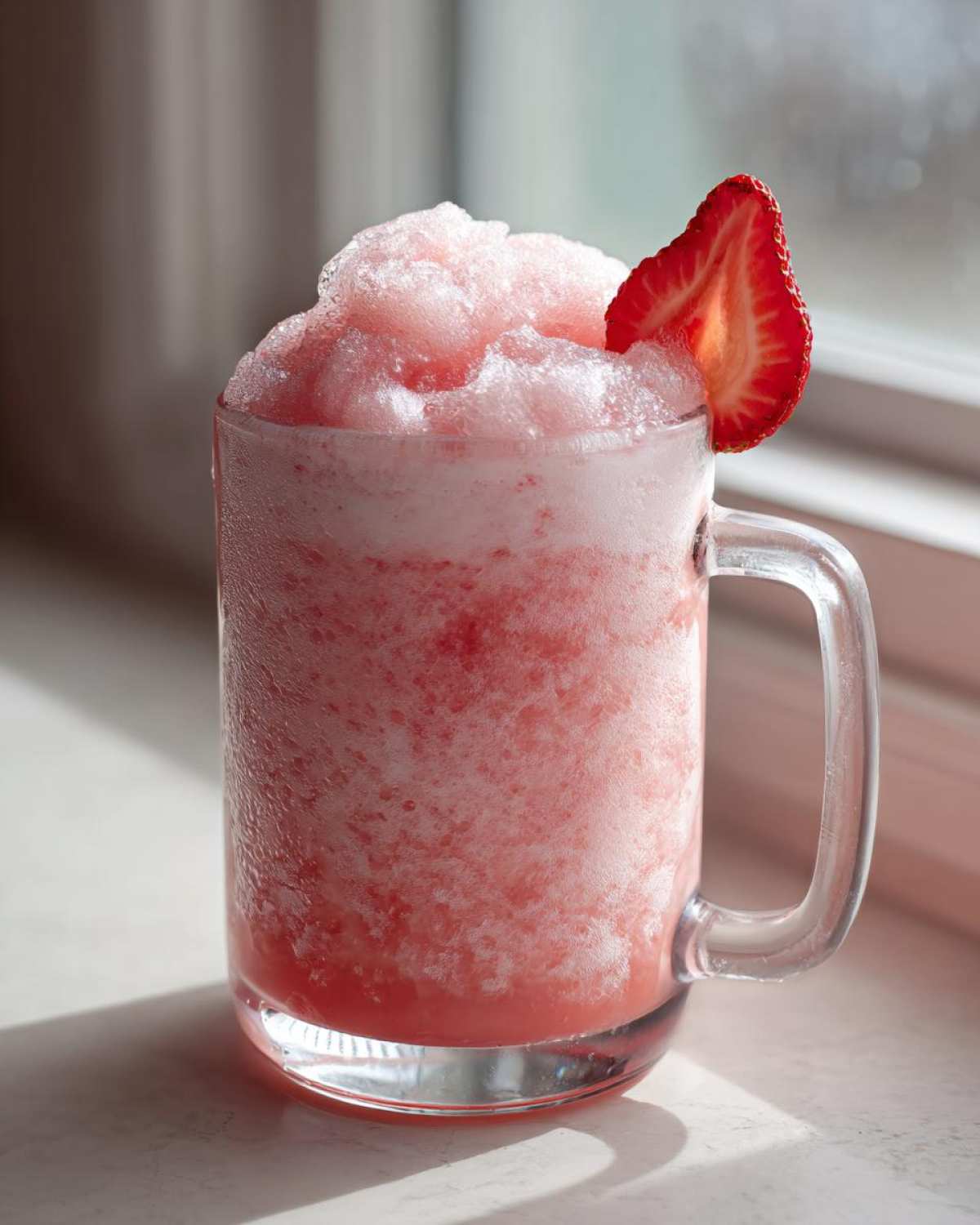 A frosty glass mug filled with Irresistible Strawberry Pina Colada Punch, topped with shaved ice and a fresh strawberry slice.