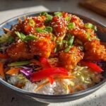 Close-up of a Sweet Chili Chicken Bowl featuring glazed chicken pieces over rice and crunchy shredded vegetables.