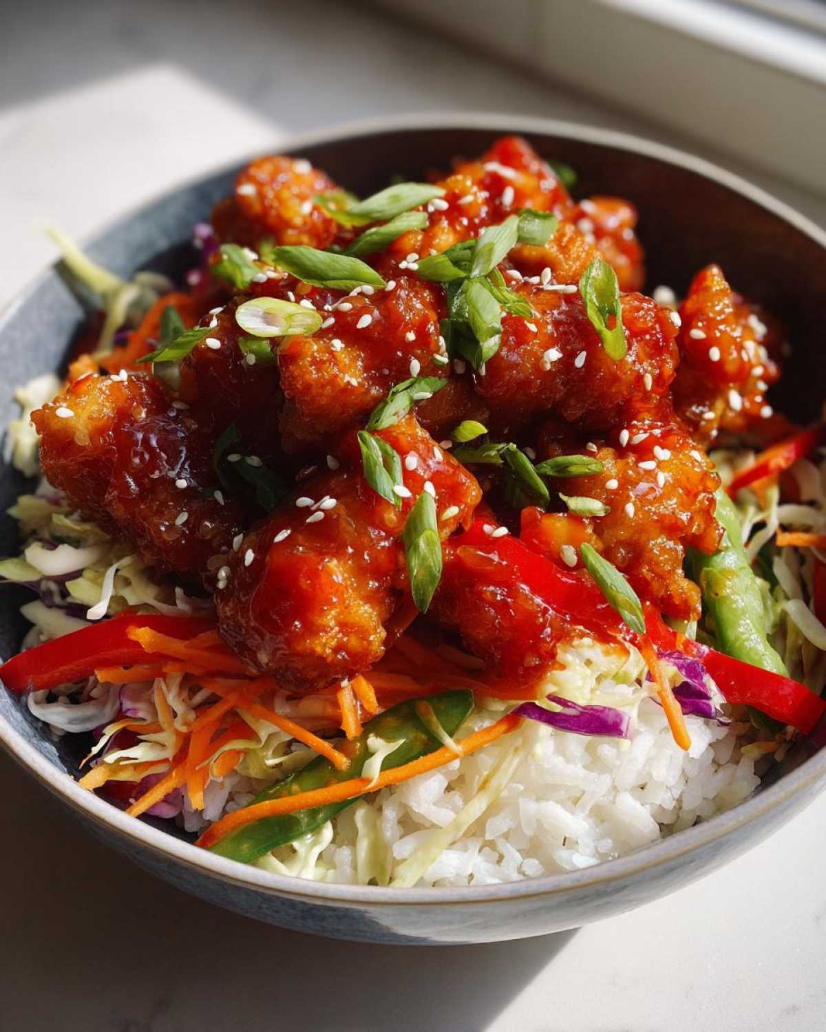 Close-up of a Sweet Chili Chicken Bowl featuring glazed chicken pieces over rice and crunchy vegetables.