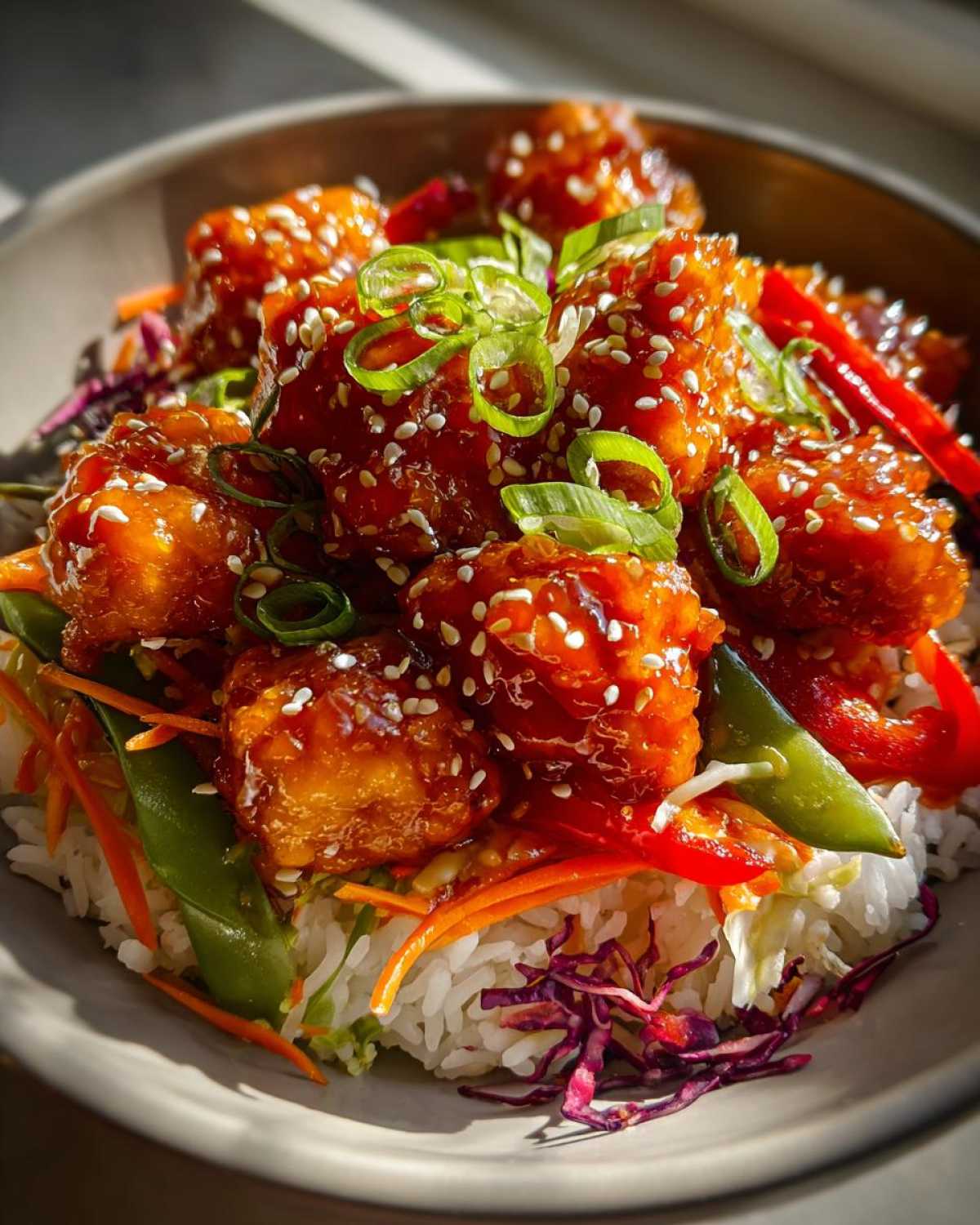Close-up of a Sweet Chili Chicken Bowl featuring glazed chicken pieces over rice with colorful crunchy veggies.