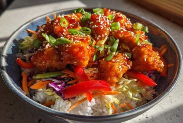 Close-up of a Sweet Chili Chicken Bowl featuring glazed chicken pieces over rice and crunchy shredded vegetables.