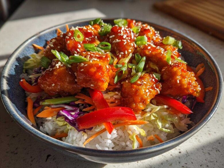 Close-up of a Sweet Chili Chicken Bowl featuring glazed chicken pieces over rice and crunchy shredded vegetables.