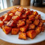 Close-up of glistening, caramelized Sweet & Spicy Honey Cinnamon Roasted Sweet Potatoes cubes on a white plate.