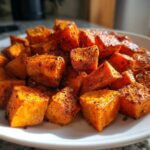 Close-up of vibrant orange Sweet & Spicy Honey Cinnamon Roasted Sweet Potatoes cubes on a white plate.
