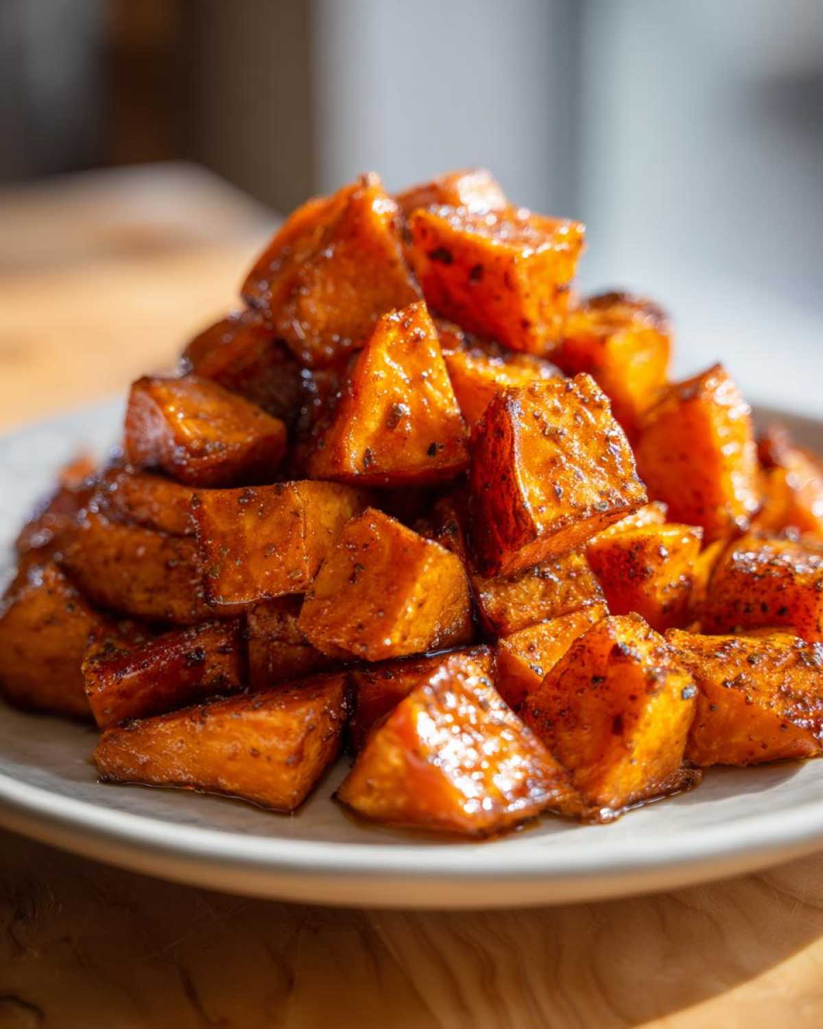 A close-up of a mound of glistening, roasted Sweet & Spicy Honey Cinnamon Roasted Sweet Potatoes on a light plate.