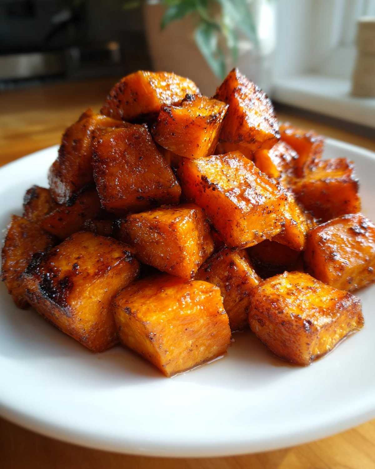 A mound of glistening, caramelized Sweet & Spicy Honey Cinnamon Roasted Sweet Potatoes cubes on a white plate.