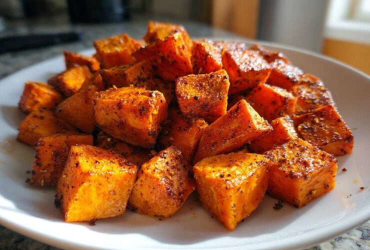 Close-up of vibrant orange Sweet & Spicy Honey Cinnamon Roasted Sweet Potatoes cubes on a white plate.