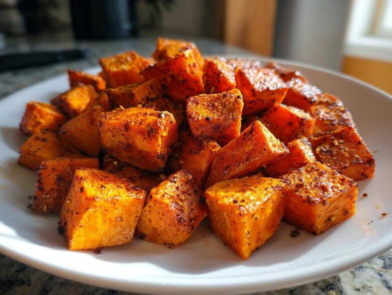 Close-up of vibrant orange Sweet & Spicy Honey Cinnamon Roasted Sweet Potatoes cubes on a white plate.