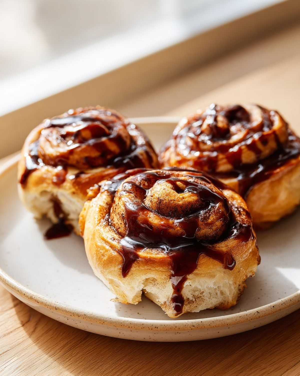 Three freshly baked Coffee Rolls drizzled heavily with a dark, rich glaze, served on a speckled white plate.