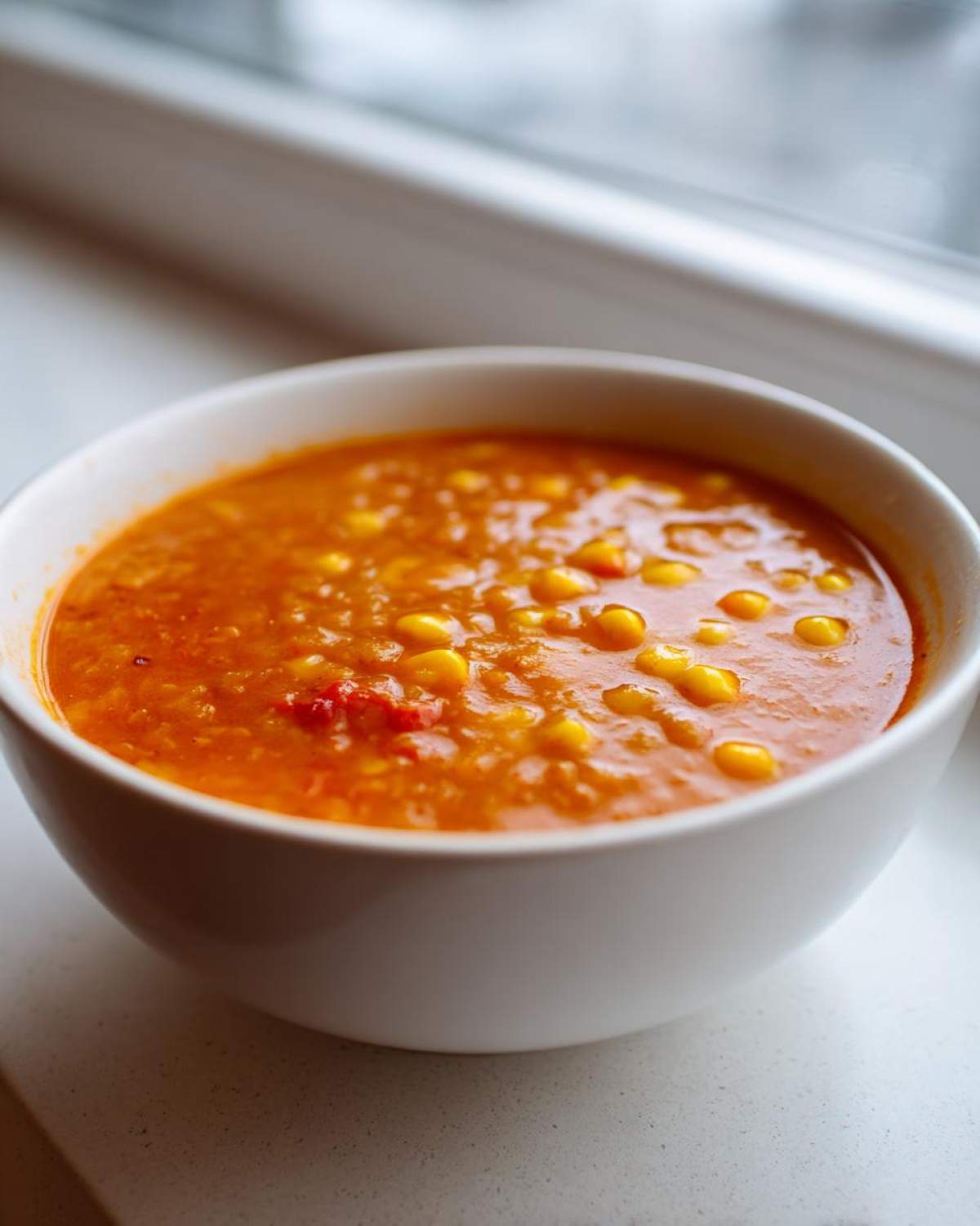 A close-up shot of a hearty bowl of Vegan Red Lentil Corn Chowder, featuring bright orange broth and visible yellow corn kernels.