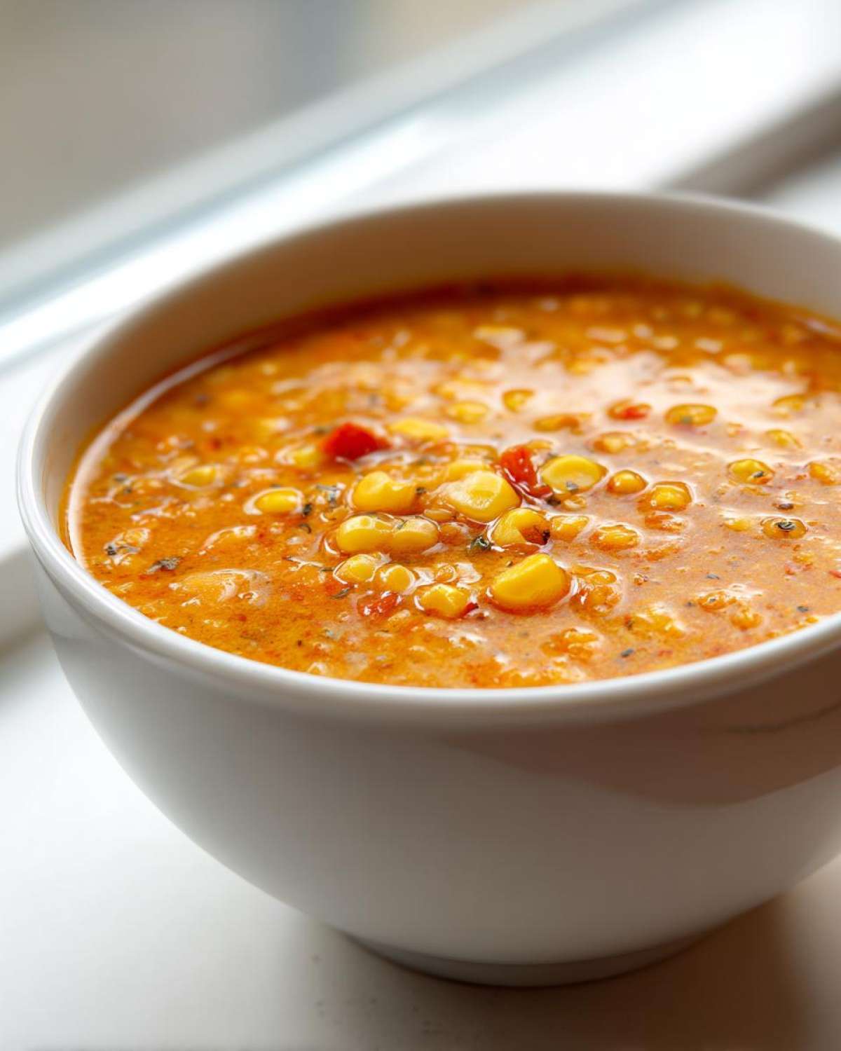 Close-up of a thick, orange Vegan Red Lentil Corn Chowder filled with visible corn kernels, served in a white bowl.