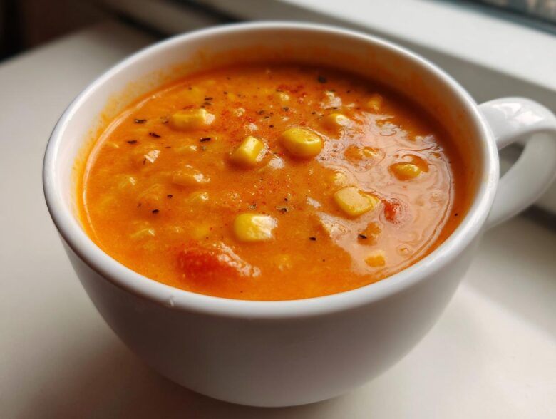 A close-up view of a white mug filled with creamy, orange Vegan Red Lentil Corn Chowder, topped with corn kernels and spices.