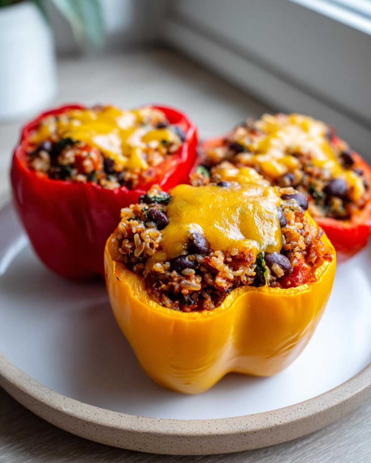 Close-up of three Vegetarian Stuffed Bell Peppers Easy Dinner, featuring rice, black beans, and melted cheddar cheese.