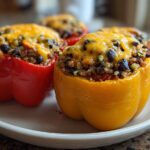 Two colorful Vegetarian Stuffed Bell Peppers Easy Dinner—one red, one yellow—topped with melted cheddar cheese and quinoa filling.